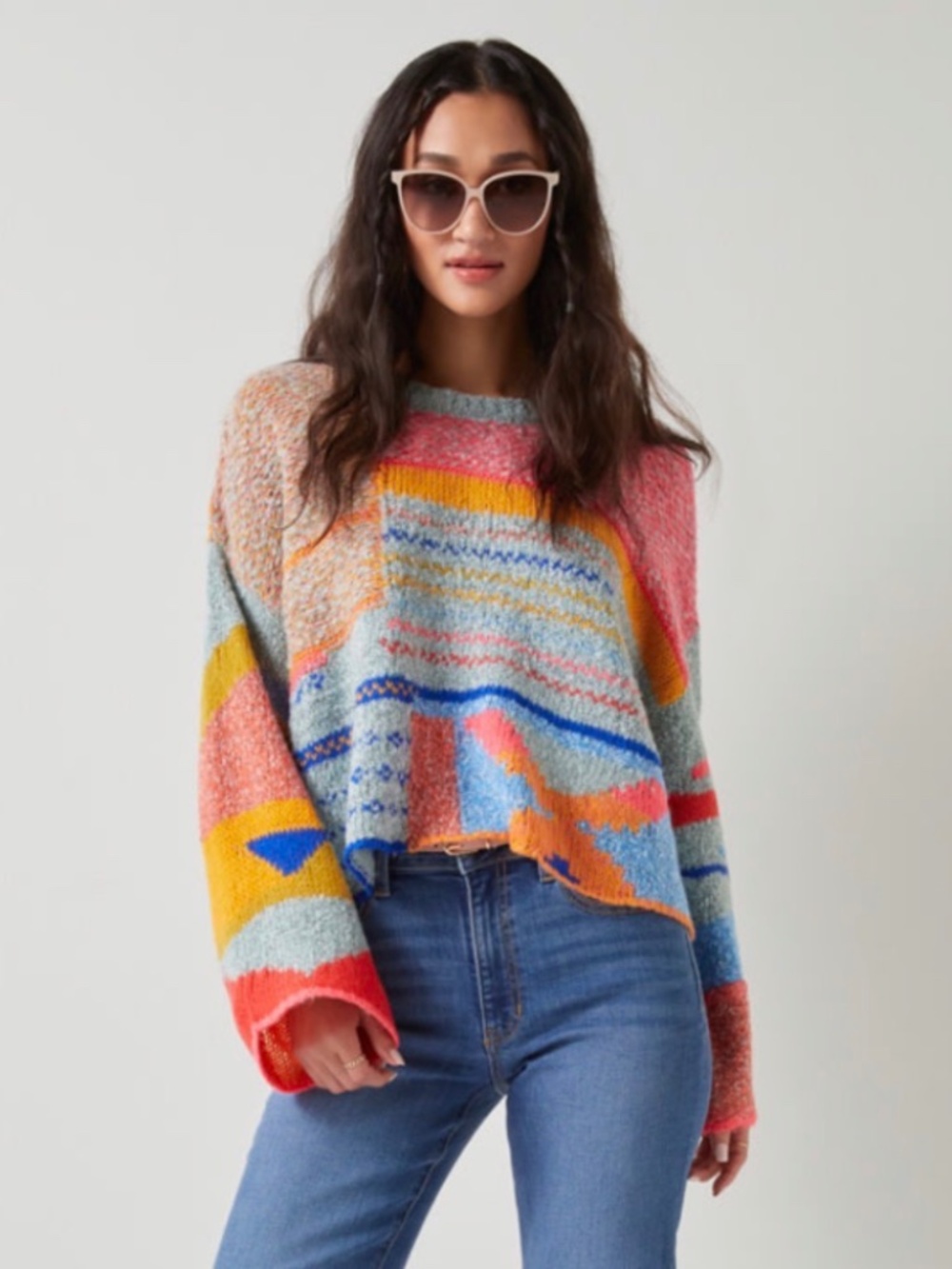 Francesca's Sharlene Mixed Pattern Pullover Sweater